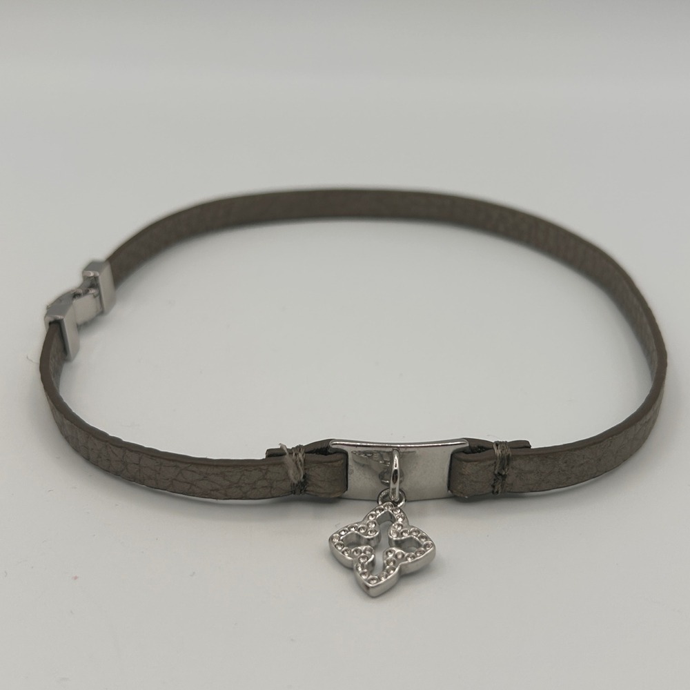 Lia Sophia Leather Wrap Necklace Metallic Taupe Silver Tone Rhinestone Charm
